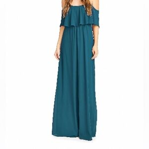 Show Me Your Mumu Caitlin Cold Shoulder Chiffon Gown in Deep Jade